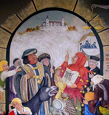 Wandgemälde von Helene Schwab in der Arkade "Eulenspiegel und der Würzburger Amtsschimmel" 